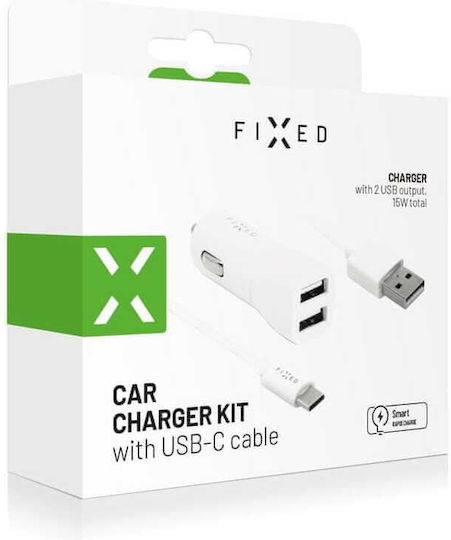 Fixed Fixed Autoladegerät 15W 3.1A Schnellladen mit 2xUSB-A Anschlüssen und Kabel Typ-C Weiß Farbe