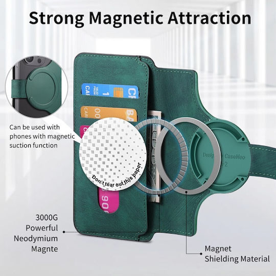 Caseneo Mw-03s Magnetic Detachable Wallet Case Smartphones 6.7 Inches Green Universal Book Cover
