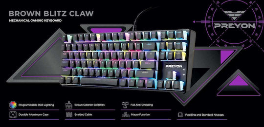 Preyon Blitz Claw Gaming Μηχανικό Πληκτρολόγιο Tenkeyless με Gateron Brown διακόπτες και RGB φωτισμό (Αγγλικό US)