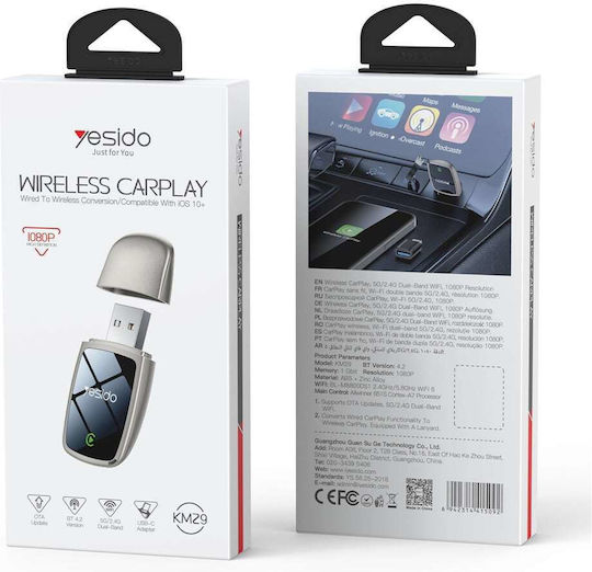 Yesido Km29 Kabelloser Carplay-Adapter Usb-c Bluetooth V4.2 1080p Dual-Band Wi-Fi 5g/2.4g Ota-Update Grau