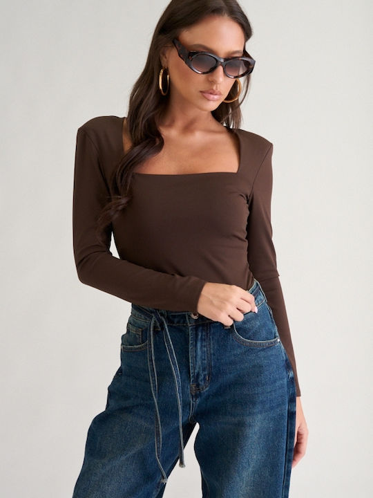 Decoro Damen-Bodysuit mit Rollkragen und Spitze Braun