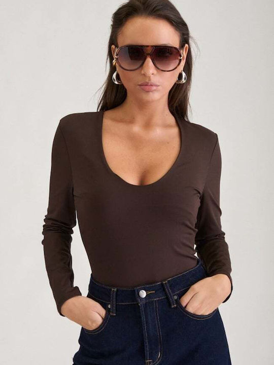 Deep Neckline Brown Bodysuit