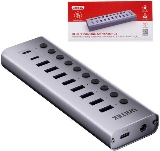 Unitek USB-Hub 10 Anschlüsse USB 3.0 mit Anschluss an einen Computer USB-C Silber