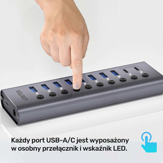 Unitek USB-Hub 10 Anschlüsse USB 3.0 mit Anschluss an einen Computer USB-C Silber