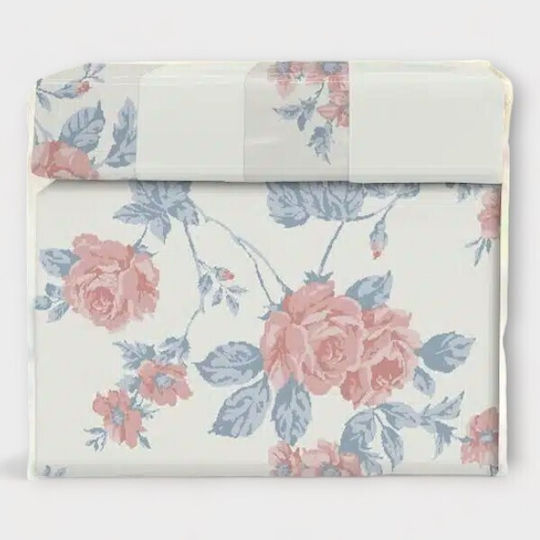 To megalo pazari Super-Double Set 4 Pieces 160x240cm with Pink Floral Rubber Hugger