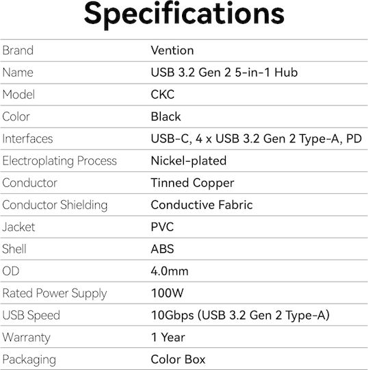 Vention Hub 5 Θυρών USB 3.2 με σύνδεση USB-C