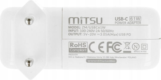 Mitsu Încărcător Laptop USB-C 61W 5V 3A pentru Apple Acer Asus Dell Lenovo Samsung Sony cu Adaptor de Alimentare