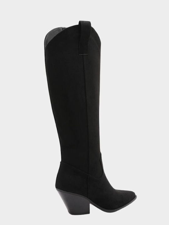 Wildleder Damenstiefel Cowboy mit Hohem Absatz Schwarz