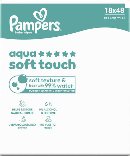 Pampers Aqua Soft Touch Hypoallergenic Baby Wipes with 99% Water, Fragrance Free, Alcohol-Free & Parabens Free 18x48pcs
