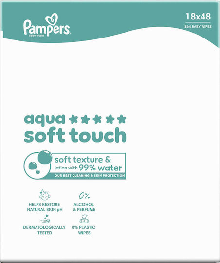 Pampers Aqua Soft Touch Hypoallergenic Baby Wipes with 99% Water, Fragrance Free, Alcohol-Free & Parabens Free 18x48pcs