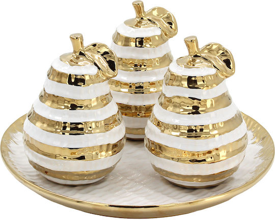 Decorative Ceramic Pears Set 3 pcs Φ9x13 cm From Plate Φ25 cm White Gold Keskor 78757
