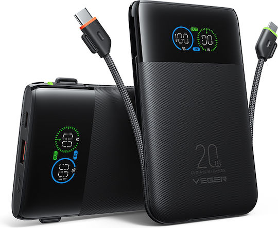 Veger Fuerza 10 Външна батерия 10000mAh 20W с USB-A порт и 2 USB-C порта Power Delivery / Quick Charge Черна
