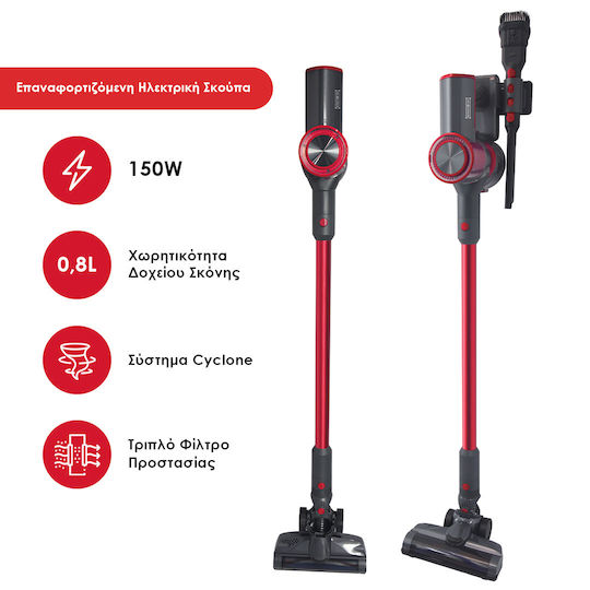 Royalty Line RL-HVC150 Wiederaufladbarer Stielstaubsauger 2 in 1 Stick & Hand 21.6V Rote