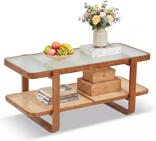 Rectangular Central Glass Coffee Table Walnut L105.41xW50.8xH45.72cm