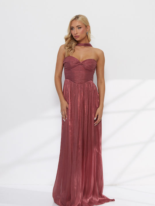 Rochie de Vară Maxi de Seară Rochie-Cămașă Satin Drapat cu Plasă Roz