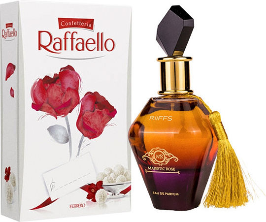 Set Femei Aranjament Floral Săpun Trandafiri În Cutie Catifea Mov Riiffs Parfum Majestic Rose Praline Raffaello Roz