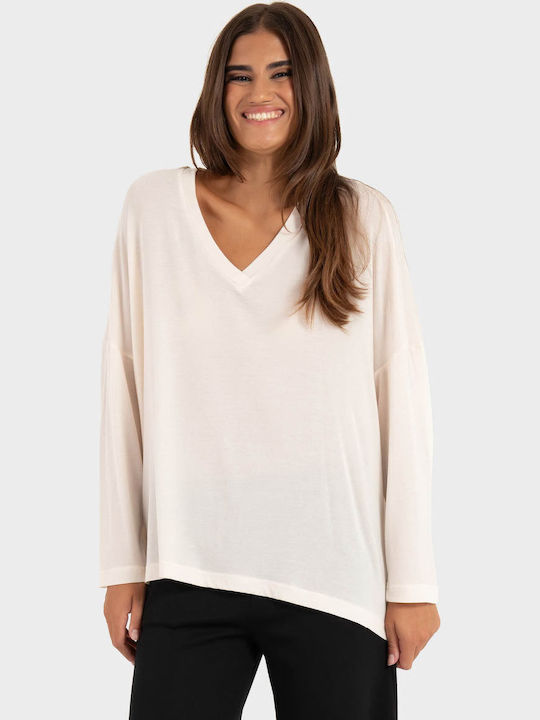 Bluza Damă cu Mânecă 3/4 și Decolteu în V Ecru