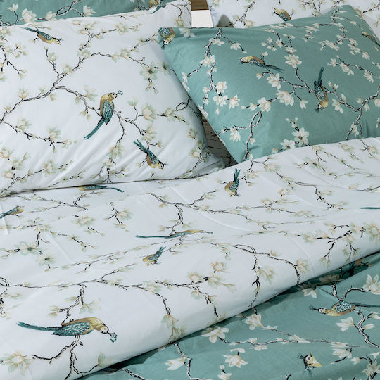 Lino Home Parrots Подредба Чаршафи Кралица с Еластична Лента 170x200+35см Петролени (4 Бройки)