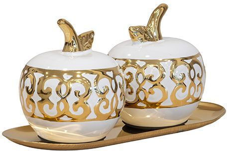 2 Decorative Ceramic Apples White Gold Metallic Gold Plate L:23x9x11.5cm K:819-01509