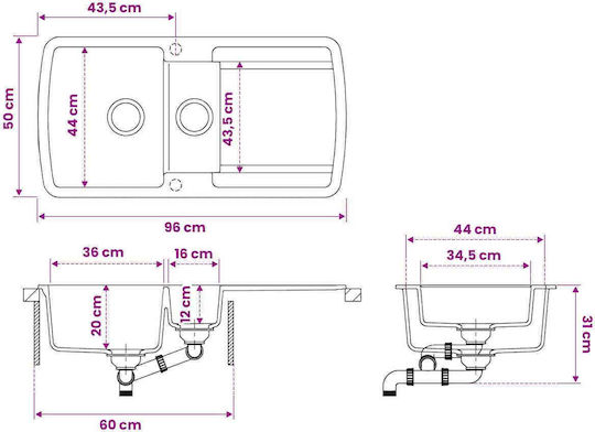 vidaXL Επικαθήμενος Νιπτήρας Πορσελάνης 96x50x31cm Γρανίτης