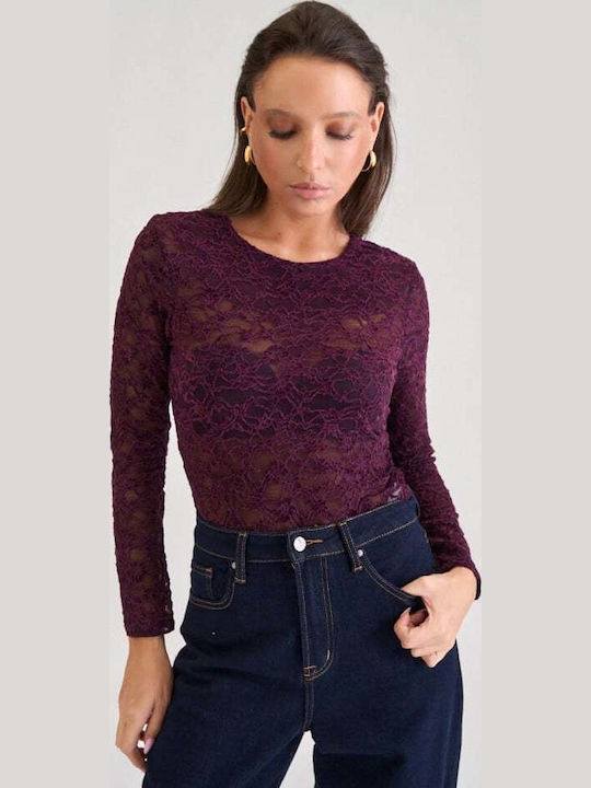 Velvet Damen-Bodysuit mit Spitze Burgundisch