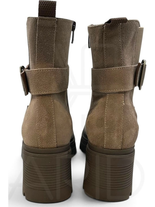 Suede Damen Stiefeletten mit Mittelhohem Braun Absatz