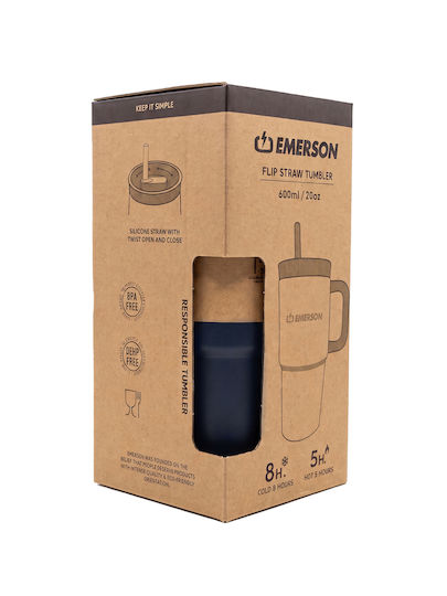 Emerson Thermos Bottle Plastic / Stainless Steel BPA Free 600ml 600 Ml with Straw