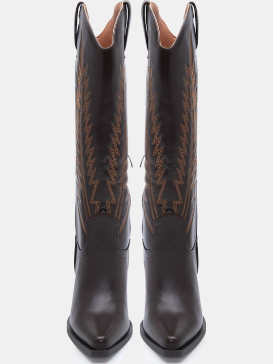 Suede Women's Boots Cowboy with High Heel Brown