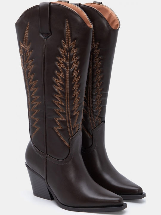 Suede Women's Boots Cowboy with High Heel Brown