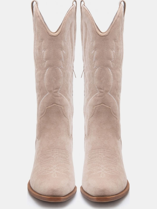 Suede Women's Cowboy Boots with Mid Heel Beige