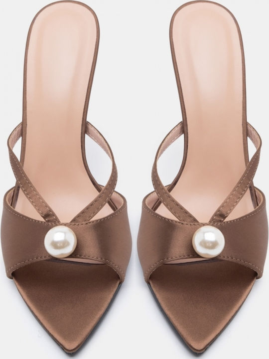 Satin Damen Pantoletten mit Hoch Absatz in Braun Farbe