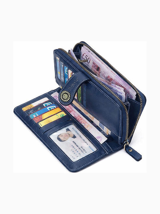 Portofel mare de damă din piele cu RFID albastru