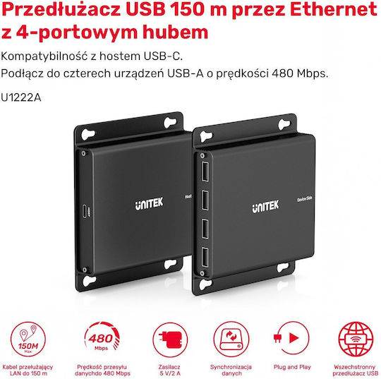 Unitek Usb-c Extender To 4× Usb-a Via Ethernet Range Up To 150 M 480mbps