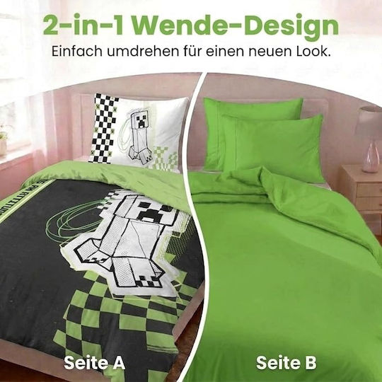 Minecraft Set Cearceafuri Pentru Copii Single Cu Față De Pernă Din Bumbac Multicolor 135x200cm