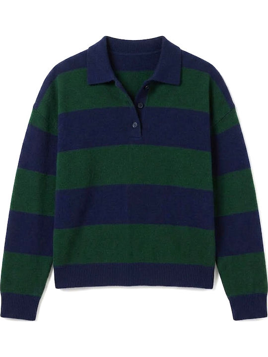Women's Polo Blouse Long Sleeve Striped Blue-Green