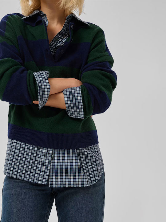 Women's Polo Blouse Long Sleeve Striped Blue-Green