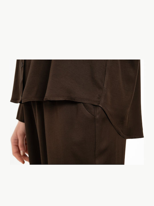 Women's Satin Long Sleeve Brown Blouse