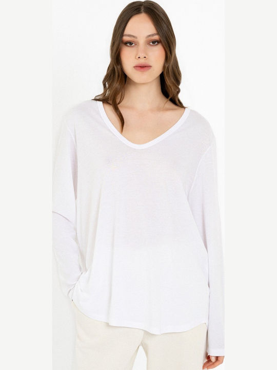 Organic Women's Cotton Long Sleeve Blouse with V-Neck White