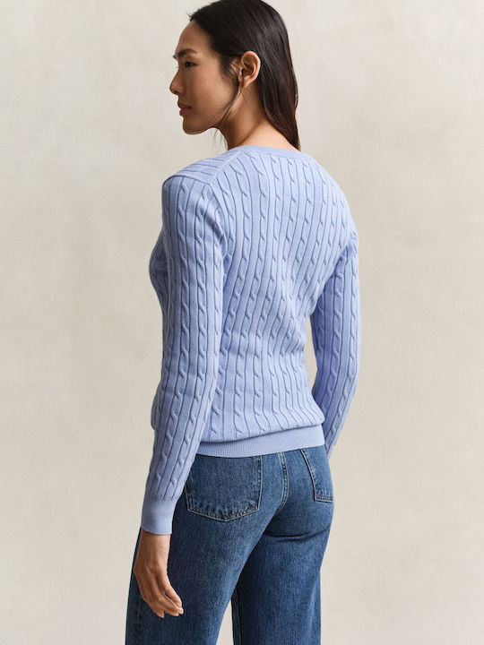 Cable Women's Cotton Sweater with V-Neck Light Blue