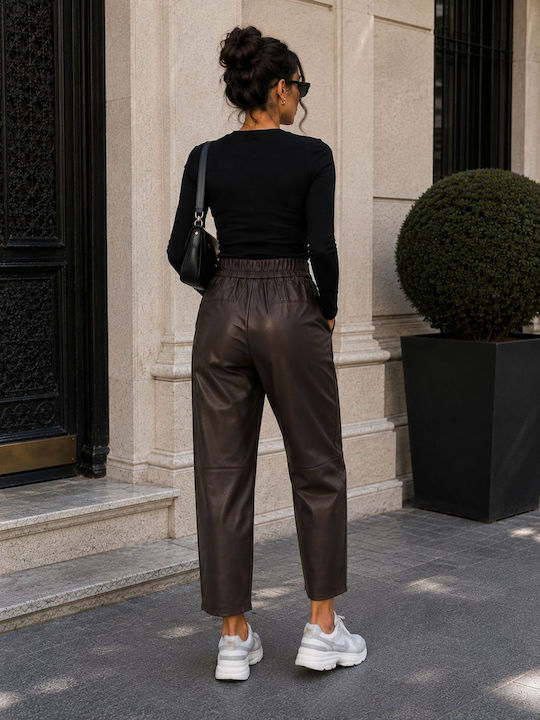 Damen Hochbund Leder Hose mit Gummiband in Schlank Passform Braun