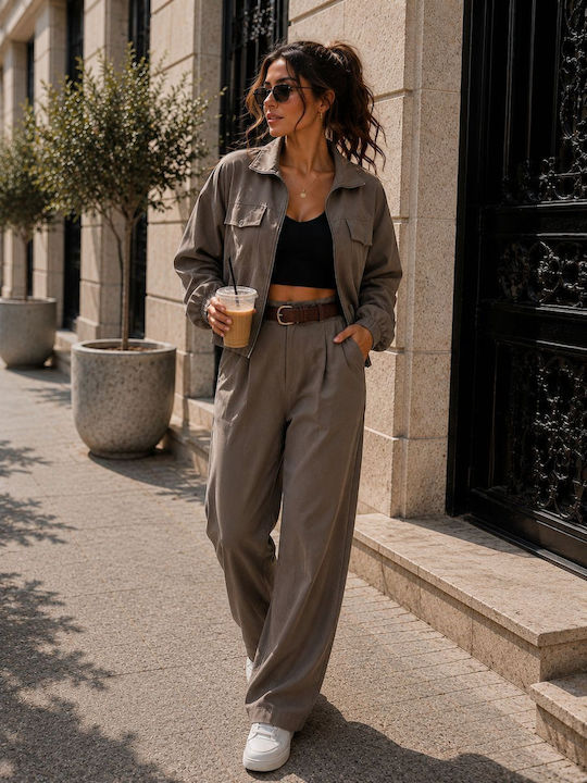 Damen Grau Satz mit Hochbund Hose in Loose Passform