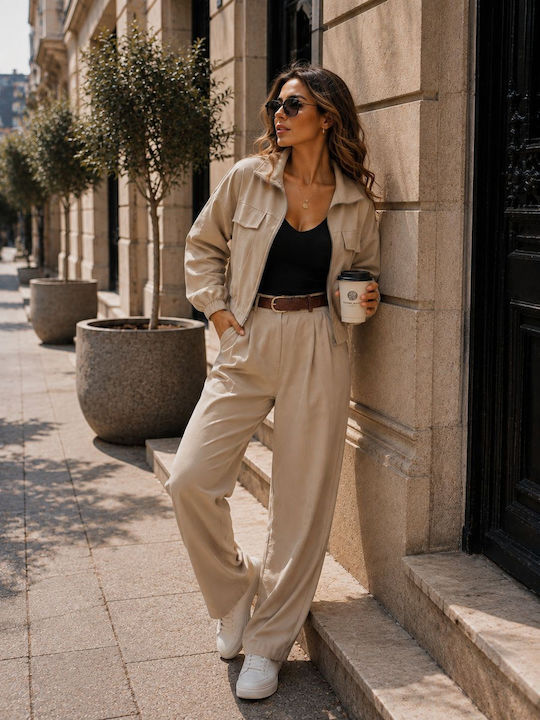 Damencreme Satz mit Hochbundhose in Loose Passform