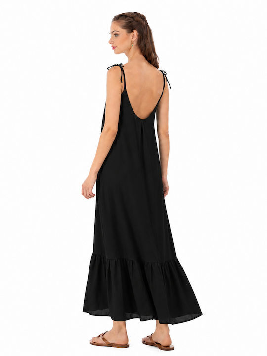 Summer Maxi Slip Dress with Ruffles Black