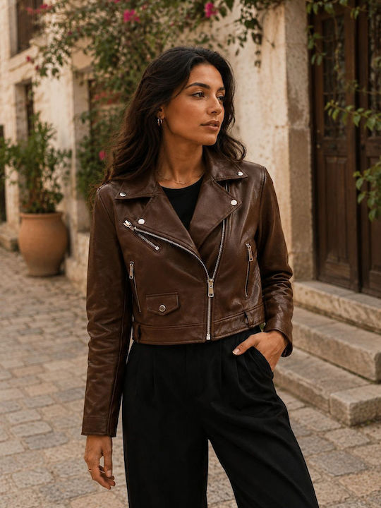Leather Women's Biker Jacket Brown