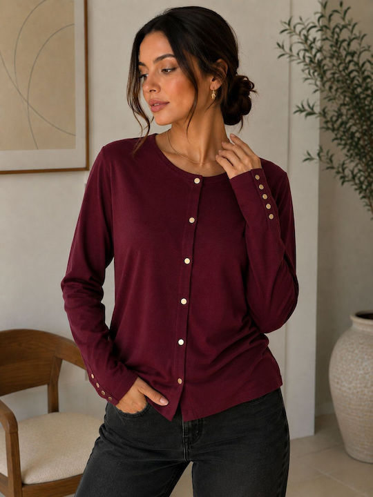 Long Women's Cardigan with Buttons Bordeaux