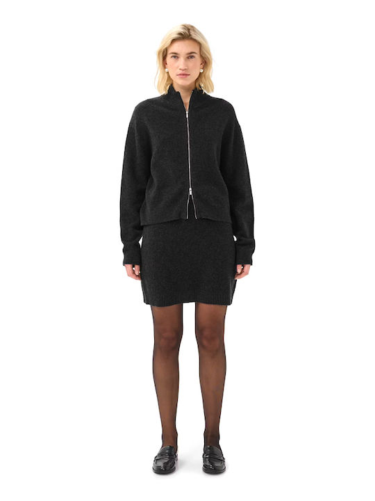 Lange Gestrickte Damen Strickjacke mit Reissverschluss Anthrazit