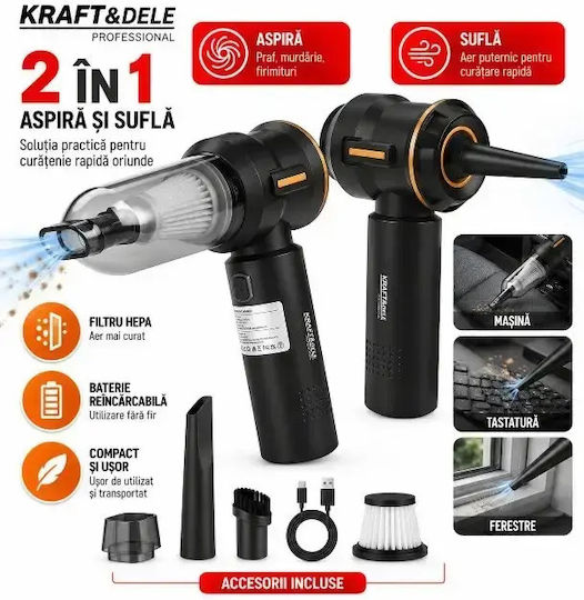 Kraft & Dele Aspirator de Mână și Suflantă Auto 2 în 1 Reîncărcabil 12V 100W