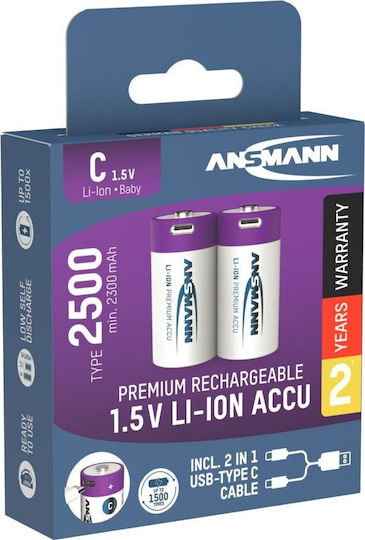 Ansmann Wiederaufladbare Batterien C Li-Ion 2300mAh 1,5V 2 Stück