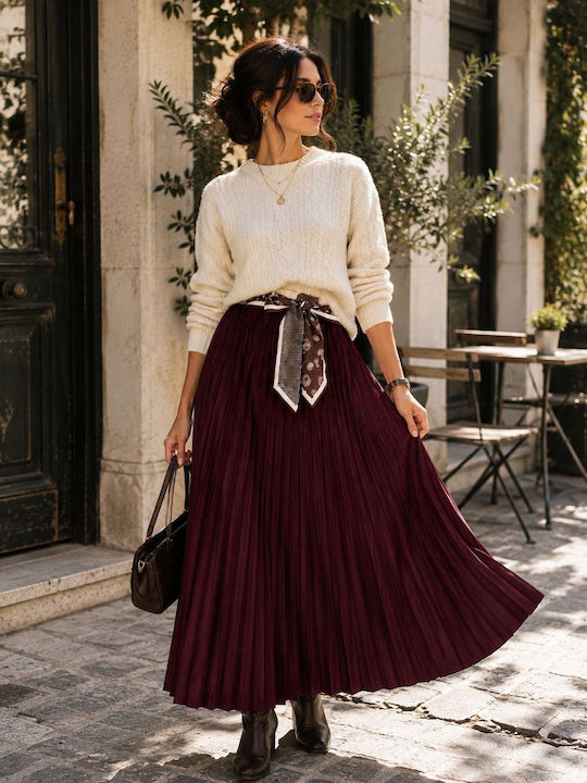 Pleated High Waist Midi Skirt Burgundy
