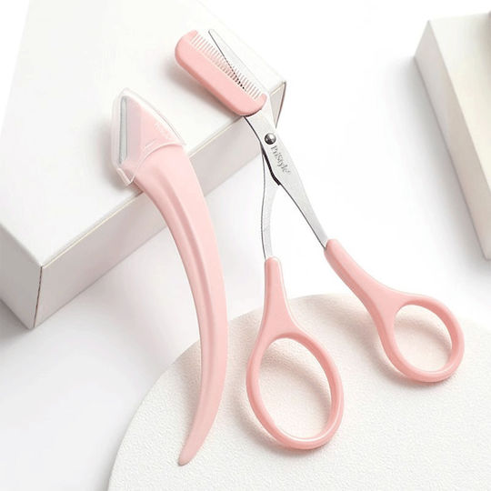 Set profesional de îngrijire a sprâncenelor Foarfecă de precizie Lamă de ras protectoare Ideal pentru modelare și întreținere de calitate salon acasă Design ergonomic Roz Pristyle
